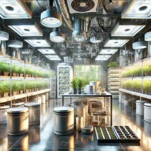 Large indoor grow room with rows of cannabis plants on shelves, and central tables, under bright lights and fans, after powdery mildew.