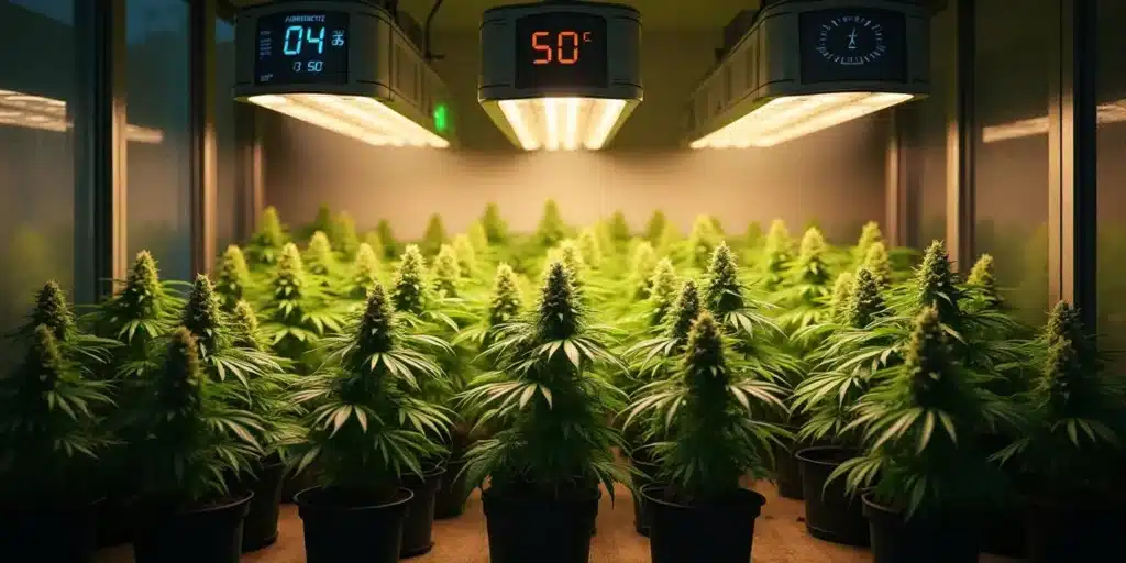 Indoor cannabis plants under LED lights, 7 weeks into flowering stage.