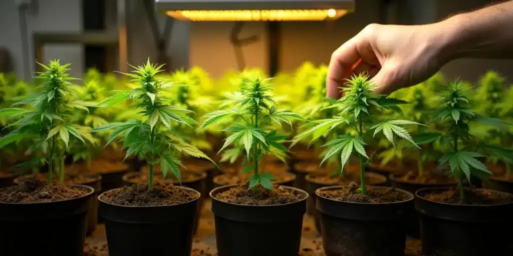 Indoor cultivation of multiple 3 leaf cannabis plants under grow lights.