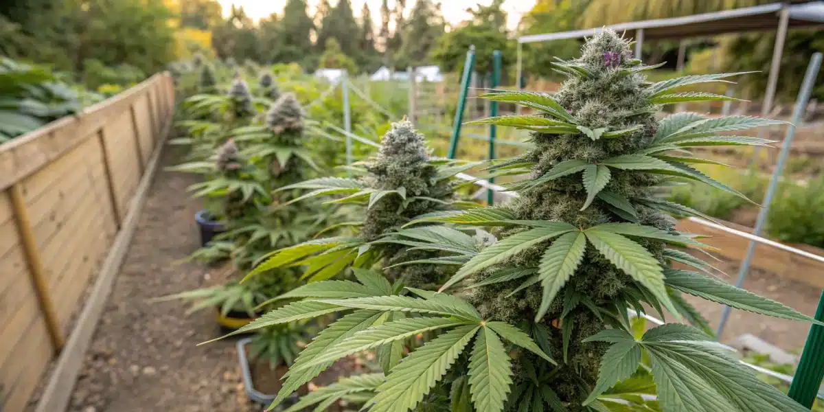Lemon Garlic weed strain plants growing outdoors with large resinous buds and healthy green foliage