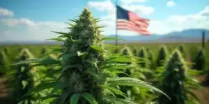 Close-up of frosty cannabis buds with vibrant green leaves and orange hairs, set against a scenic Washington landscape of rolling hills and trees.