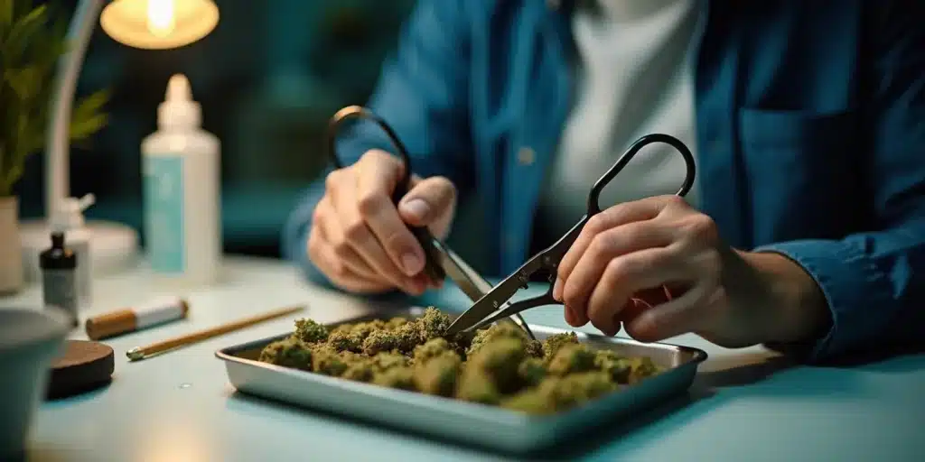 Person using best bud trimmer scissors to trim fresh cannabis buds on a tray