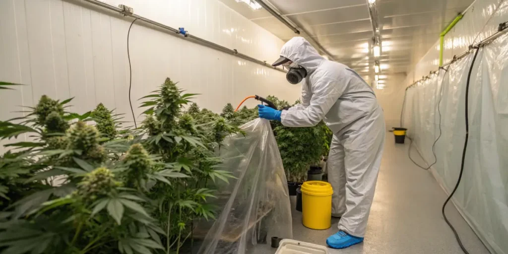 Person in full protective suit and respirator mask spraying cannabis plants covered in clear plastic in a grow room, with a yellow bucket nearby.