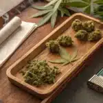 Pre-rolled blunt alongside cannabis buds, rolling papers, and a lighter on a wooden tray, with fresh cannabis leaves in the background