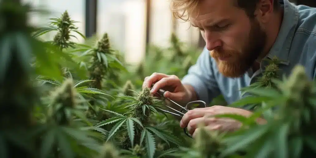 Trimming mature cannabis buds in autoflower week 10.