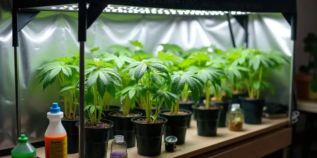 Young 3-leaf hemp plants growing under LED lights in pots.