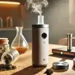 Best convection vaporizer on a wooden table with glass jar of cannabis, grinder, and other accessories.