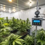 Indoor cannabis plants during flowering stage, with humidity monitor displaying optimal humidity levels in a controlled environment