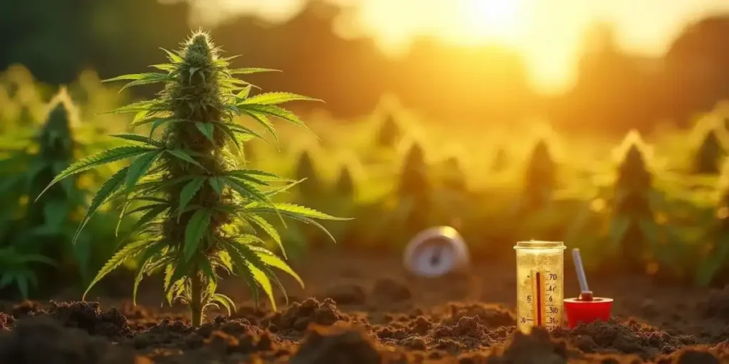 cannabis plant thriving in hot and humid climate with thermometer in soil
