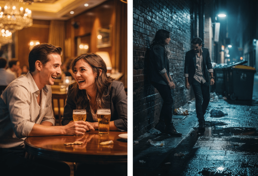 Between drunk and tipsy comparison showing casual social drinking in a bar contrasted with alcohol intoxication in a dark city alley.