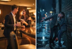 Between drunk and tipsy comparison showing social drinking in a bar contrasted with alcohol intoxication in a dark city alley.