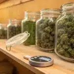 large glass jars with cannabis buds curing next to a digital hygrometer on a wooden shelf
