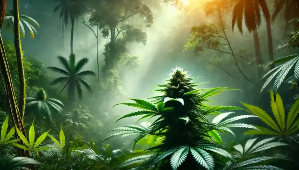 Lush cannabis plant thriving in a tropical jungle environment with sunlight and mist.
