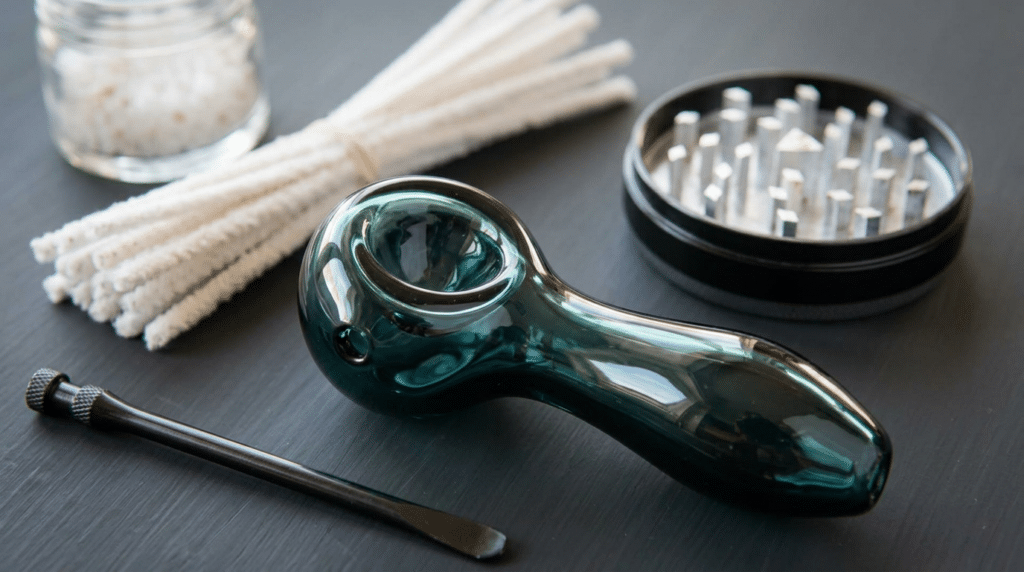 Clean cannabis smoking pipe tools with a glass pipe, cotton swabs, grinder, and scraper on a dark surface.