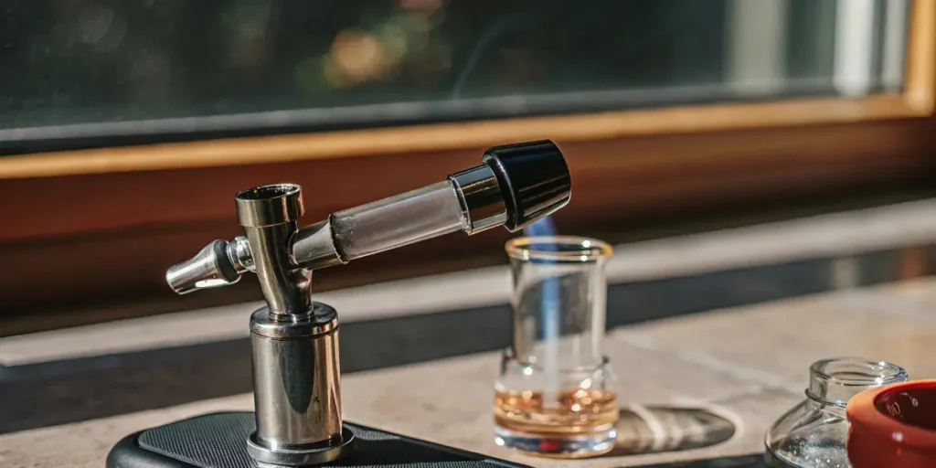 Compact cold start dabbing rig with torch and empty glass near sunlit window.