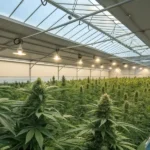 commercial cannabis facility with rows of flowering plants under mixed light