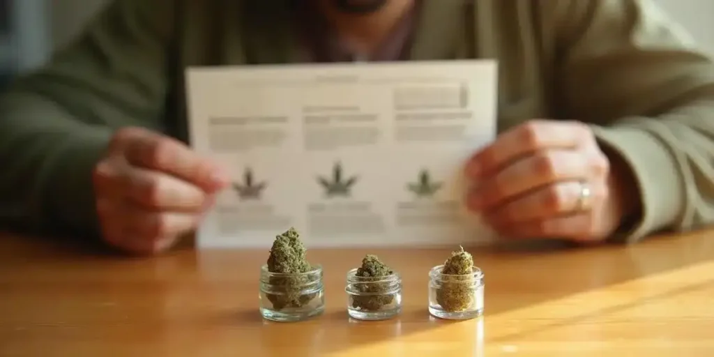 Three cannabis buds in glass jars on a table with a person reviewing strain information.