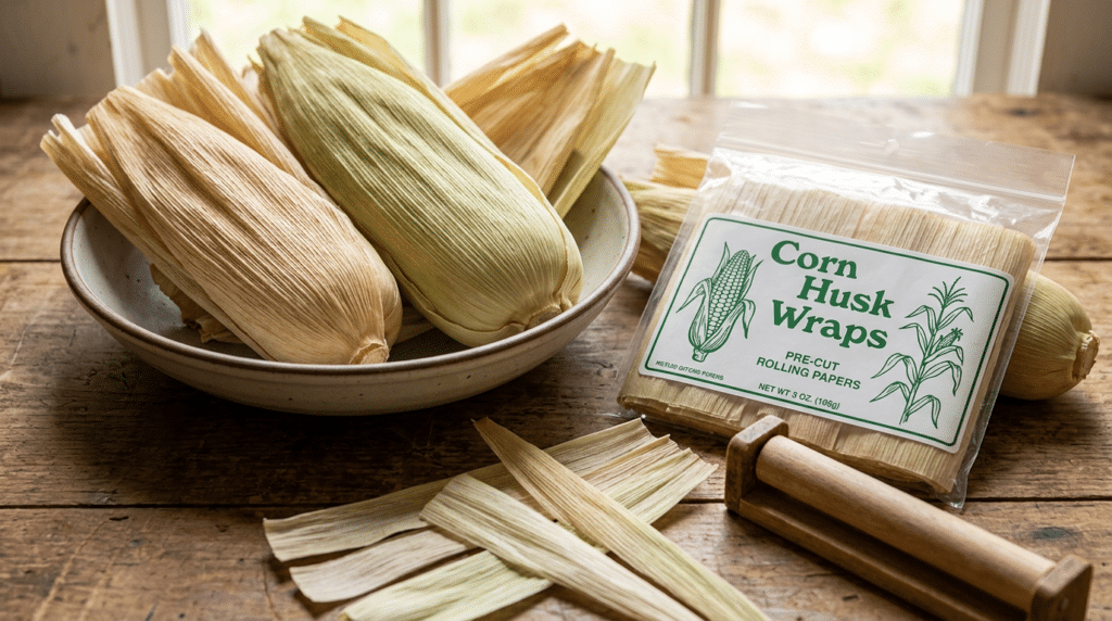 Corn husk wraps rolling papers with packaged wraps and loose husks on a rustic wooden table.