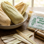 Corn husk wraps rolling papers with packaged wraps and loose husks on a rustic wooden table.