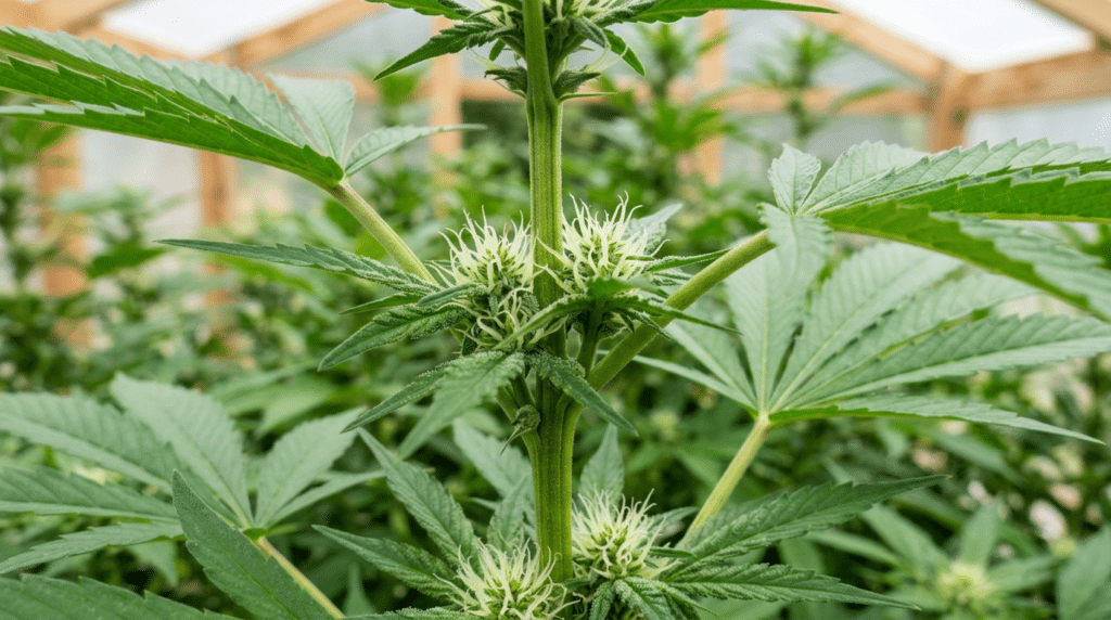 Female cannabis white pistils greenhouse close up showing early flower sites along the main stem.