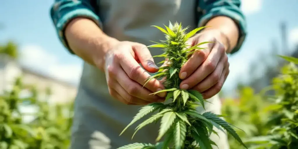 grower checking cannabis cola in hot and humid outdoor garden