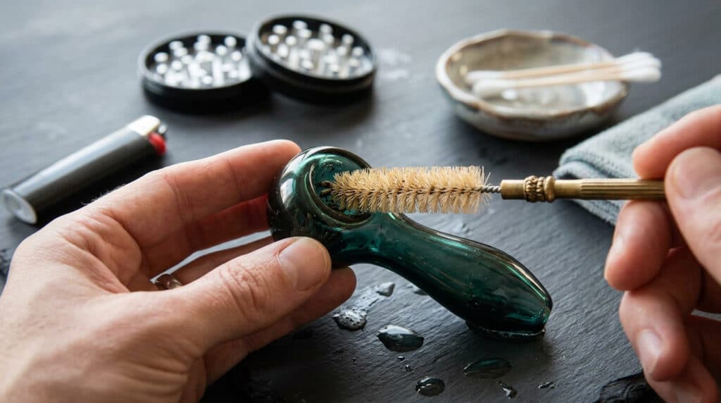 How to clean a cannabis smoking pipe with a brush while holding a glass pipe on a dark tabletop.