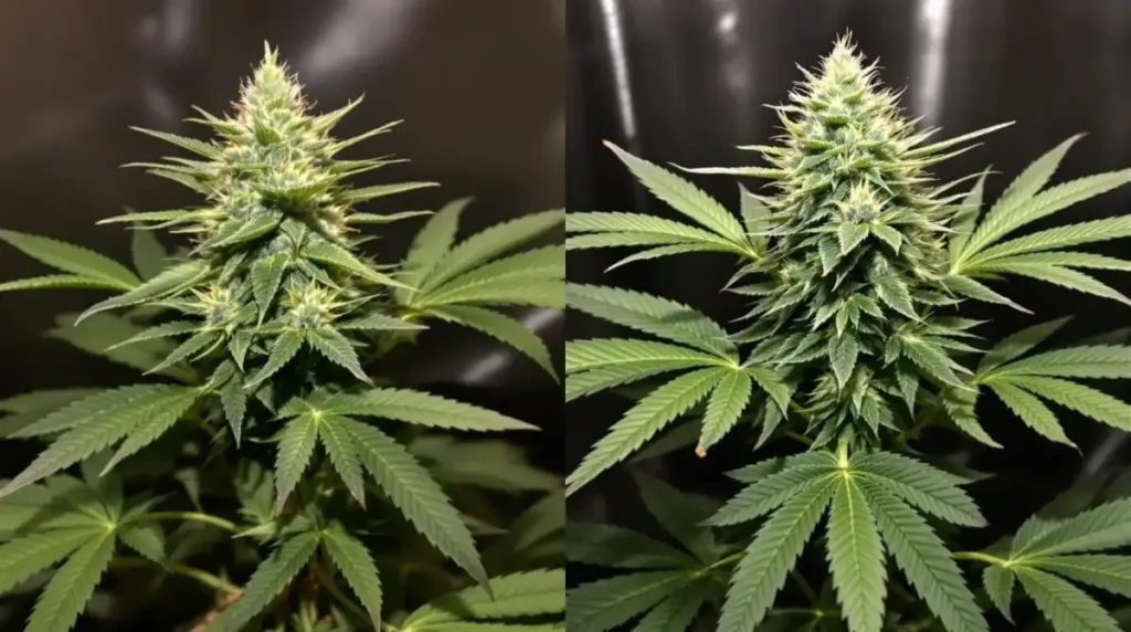 indoor cannabis plants under yellow spectrum grow light with ventilation fans
