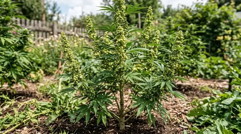 Male cannabis plant outdoor pollen sacs forming on branches in garden cultivation.