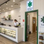 Oklahoma cannabis dispensary with THCA signage, product jars, and customers at the counter.
