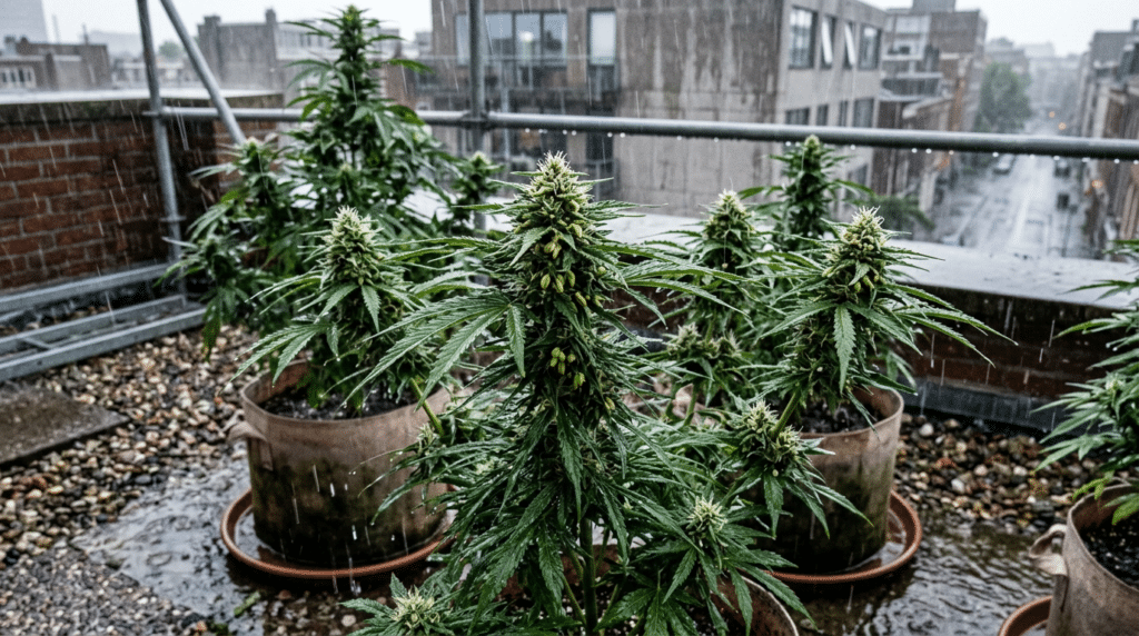 Outdoor cannabis plants in rainy weather growing in pots on a wet rooftop with city buildings in the background.