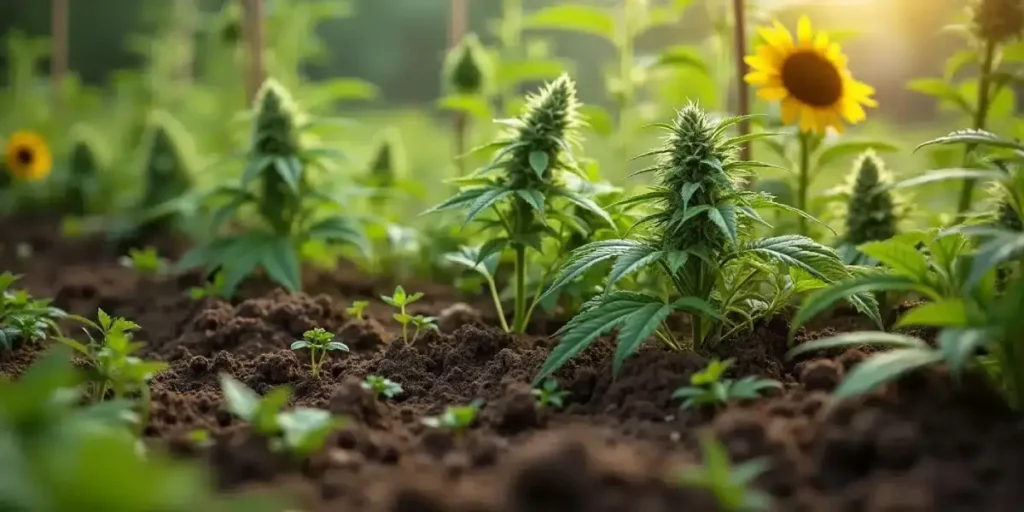 Outdoor cannabis plants growing in rich soil with sunflowers and natural sunlight.
