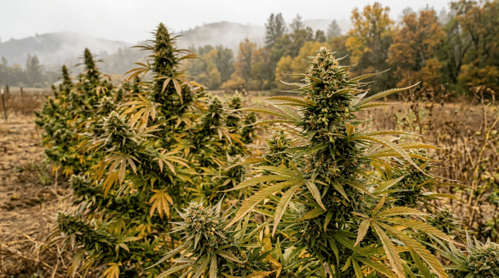 Outdoor cannabis plants autumn field scene with mature flowering colas and fading leaves in a misty landscape.