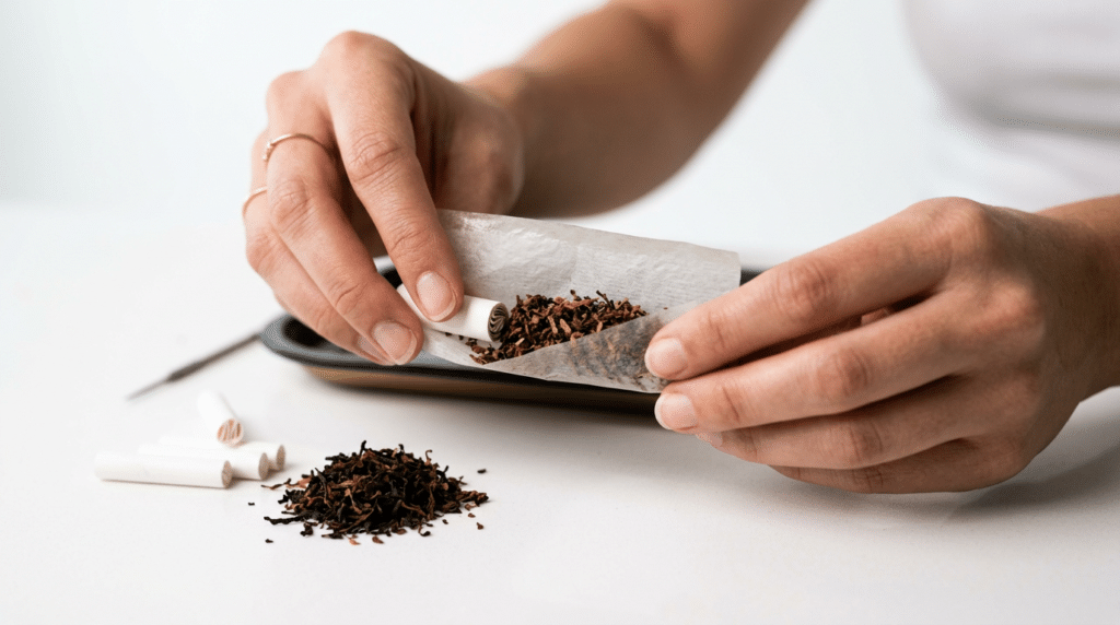 Rice paper blunt being rolled by hand on a white surface with loose herb nearby.
