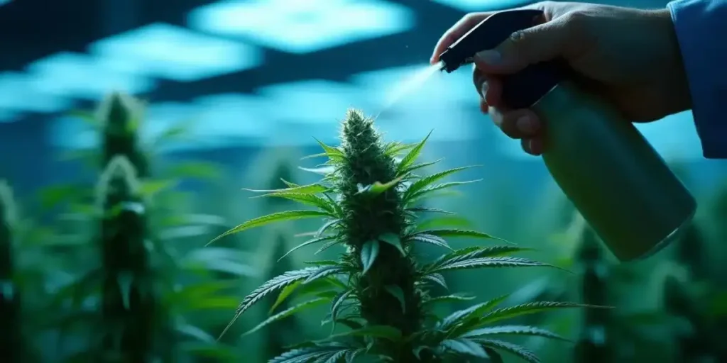 Spraying terpenes on a mature cannabis flower in an indoor grow room.