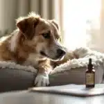 A relaxed dog lounging on a fluffy bed next to a CBD oil bottle and packaging.
