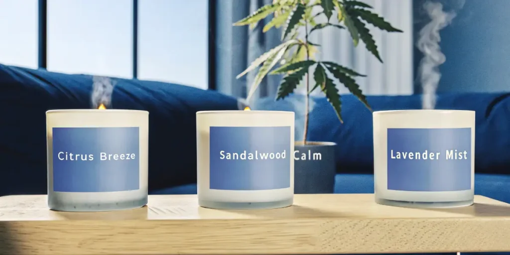 Hyper-realistic scene of three lit aroma candles labeled "Citrus Breeze," "Sandalwood Calm," and "Lavender Mist," on a table in a modern living room with a cannabis plant.