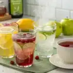 A modern wellness scene with a blackboard sign listing "THC Detox Drink" ingredients, next to a smoothie, bottle, grains, lemons, and greens.