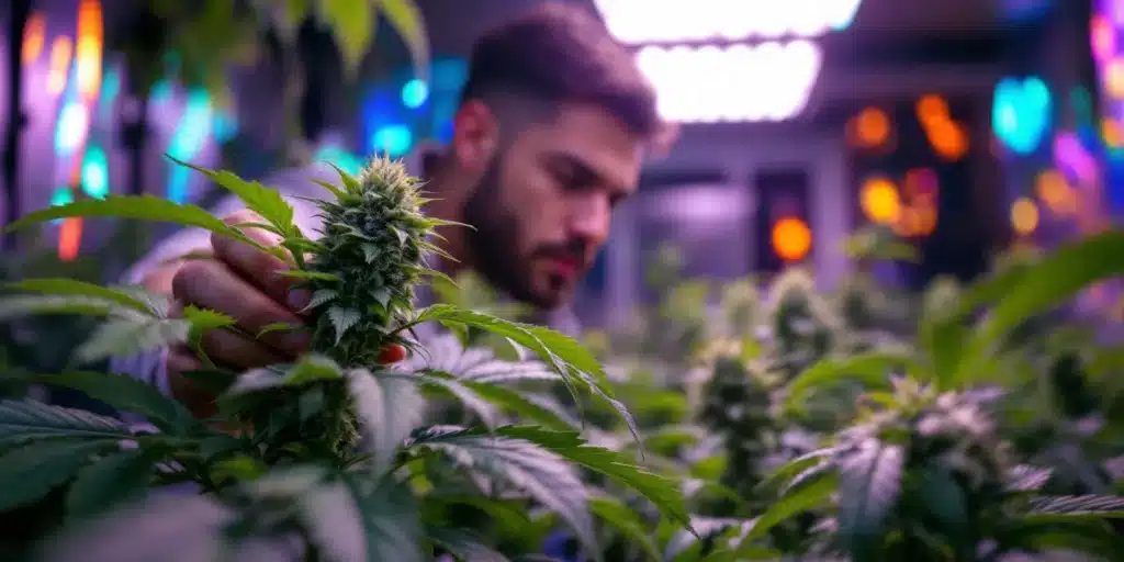 A grower inspecting an autoflowering cannabis plant under LED grow lights indoors.