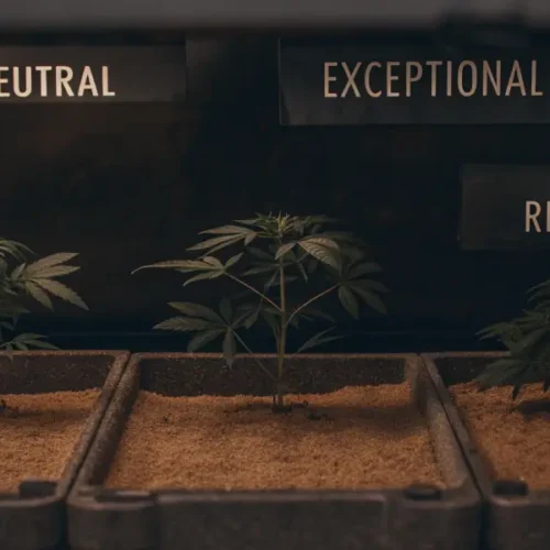 Hyper-realistic image of a cannabis cultivation system with young plants in rectangular trays, labeled "P.H. NEUTRAL," "EXCEPTIONAL DRAINAGE," and "REUSABLE."