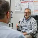 Doctor discussing cannabis oil treatment for prostate cancer with a patient.