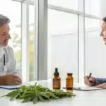 Patient and doctor discussing cannabis treatment for essential tremors with tinctures on display.