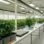 Large indoor facility with rows of cannabis plants on tables under bright lights, designed for medical cultivation.