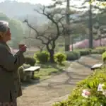 Elderly person in a serene garden holding a cannabis product, representing natural support for dementia patients.