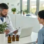 Doctor discussing the FDA approved cannabis treatment for epilepsy with a patient in a contemporary clinic setting.