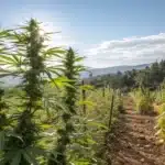 Tall Auto Yumbolt Banana plants growing outdoors, bathed in sunlight with mountainous scenery in the background