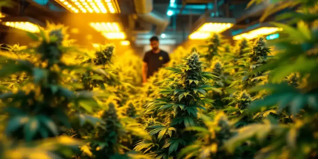 Large-scale marijuana farm using HPS grow lights for flowering stage development.