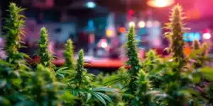 Tall cannabis plants growing indoors under artificial lights with a vibrant background.
