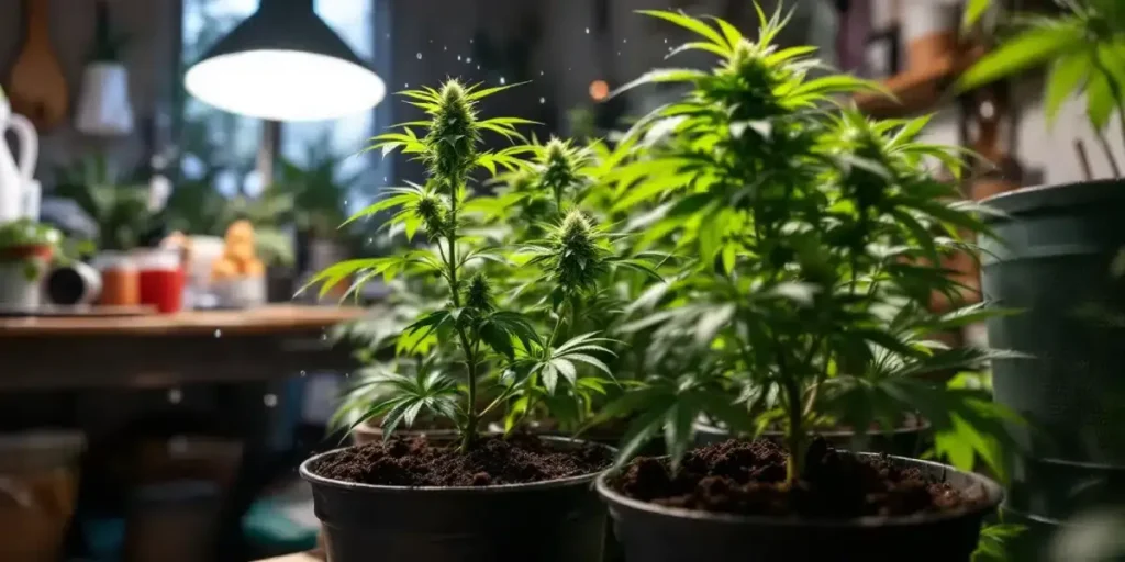 Cannabis plants growing indoors in pots with basic soil under artificial light.