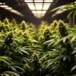 Indoor cannabis grow room with lush green plants receiving Cal-Mag nutrients.