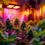 Cannabis plants thriving under LED grow lights in a professional indoor grow tent.